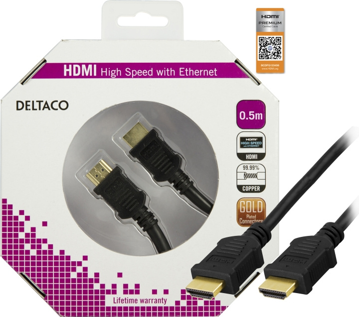 DELTACO HDMI-kabel, v1.4+Ethernet, 19-pin ha-ha, 1080p, svart, 0,5m i gruppen Elektronikk / Kabler og adaptere / HDMI / Kabler hos TP E-commerce Nordic AB (C17894)