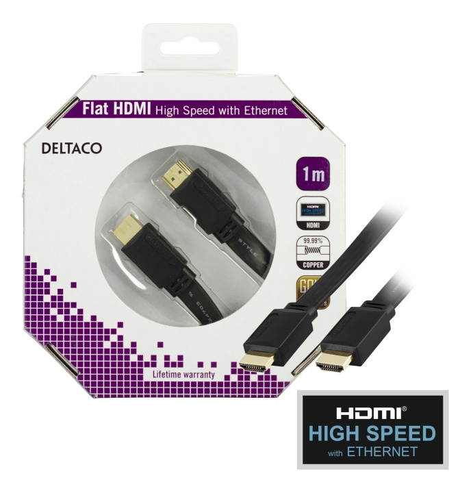 DELTACO HDMI-kabel, v1.4+Ethernet, 19-pin ha-ha, 1080p, flat,svart, 1m i gruppen Elektronikk / Kabler og adaptere / HDMI / Kabler hos TP E-commerce Nordic AB (C17895)