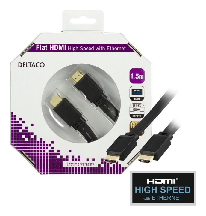DELTACO HDMI-kabel, v1.4+Ethernet, 19-pin ha-ha, 1080p, flat,sv,1,5m i gruppen Elektronikk / Kabler og adaptere / HDMI / Kabler hos TP E-commerce Nordic AB (C17897)