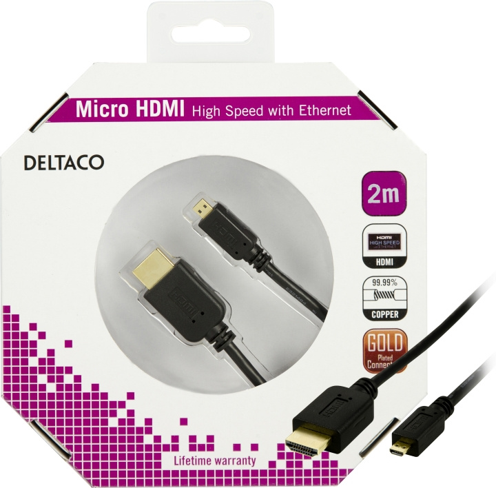 DELTACO HDMI-kabel, 1.4+E, 19-pin ha-Micro 19-pin ha, 1080p, svart, 2m i gruppen Elektronikk / Kabler og adaptere / HDMI / Kabler hos TP E-commerce Nordic AB (C17901)