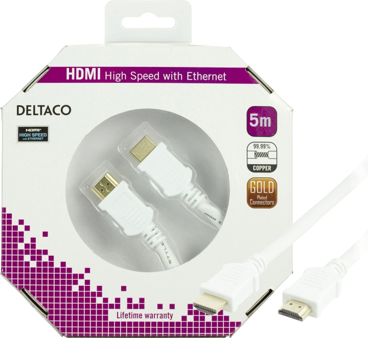 DELTACO HDMI-kabel, v1.4+Ethernet, 19-pin ha-ha, 1080p, hvit, 5m i gruppen Elektronikk / Kabler og adaptere / HDMI / Kabler hos TP E-commerce Nordic AB (C17902)