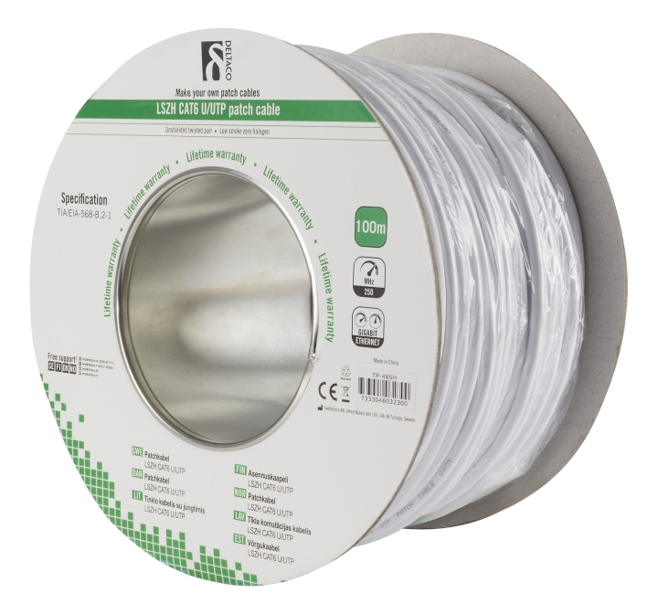 DELTACO U/UTP Cat6 patchkabel, LSZH, 100m spole, 250MHz, hvit i gruppen Datautstyr / Kabler og adaptere / Nettverk / Cat6 hos TP E-commerce Nordic AB (C18135)
