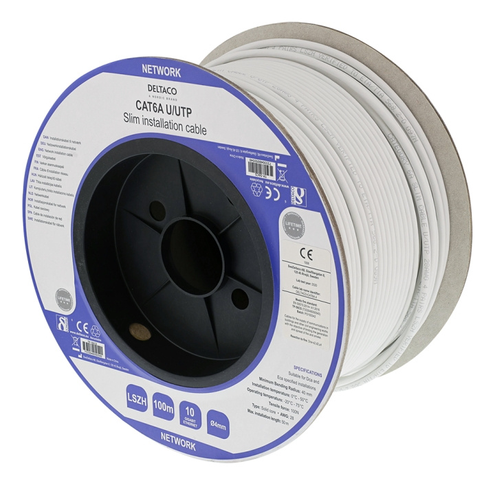 DELTACO U/UTP Cat6a installasjonskabel slank 28AWG 100m LSZH hvit i gruppen Datautstyr / Kabler og adaptere / Nettverk / Cat6 hos TP E-commerce Nordic AB (C18136)