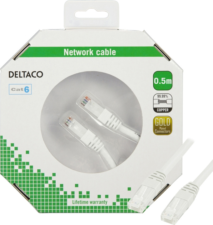 DELTACO U/UTP Cat6 patchkabel 0,5m, vit i gruppen Datautstyr / Kabler og adaptere / Nettverk / Cat6 hos TP E-commerce Nordic AB (C18164)