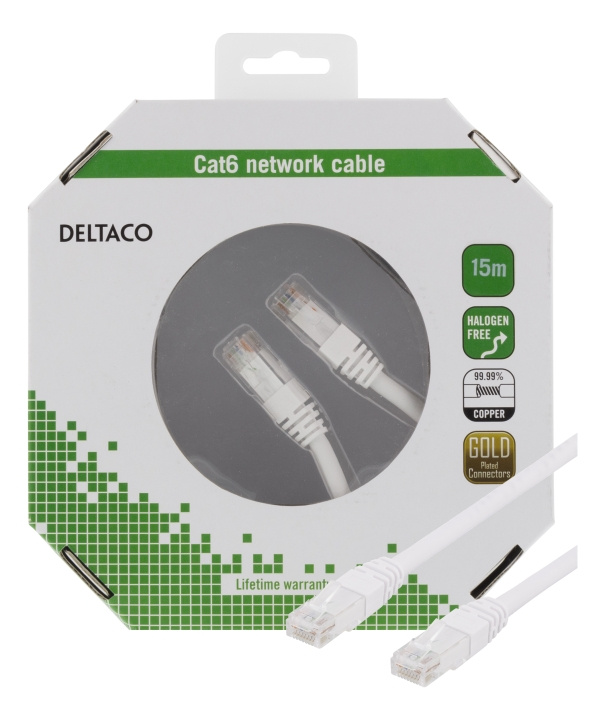DELTACO U/UTP Cat6 patch cable, 15m, 250MHz, Delta, LSZH, white i gruppen Datautstyr / Kabler og adaptere / Nettverk / Cat6 hos TP E-commerce Nordic AB (C18190)
