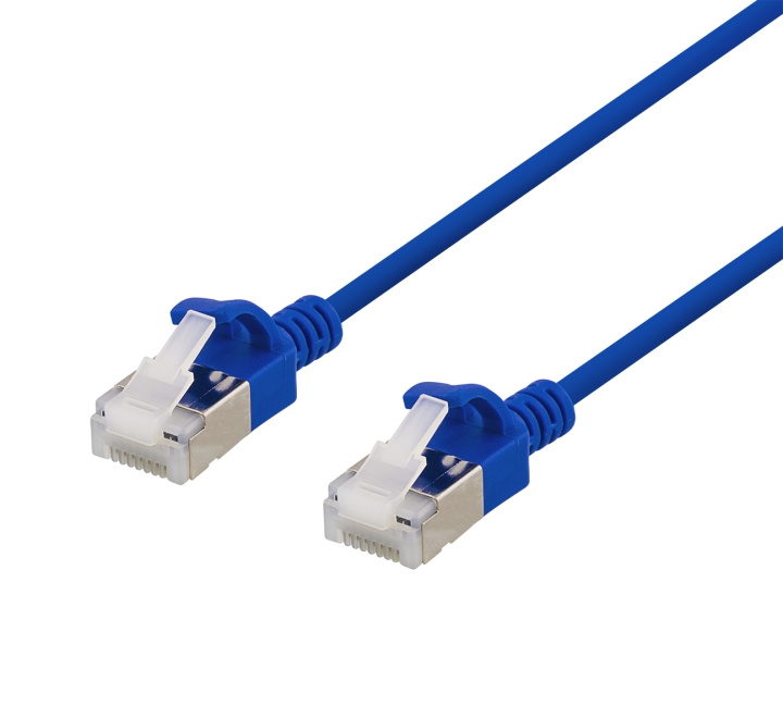 DELTACO U/FTP Cat6a patchkabel, slank, 3,8 mm i diameter, 0,5 m, blå i gruppen Datautstyr / Kabler og adaptere / Nettverk / Cat6 hos TP E-commerce Nordic AB (C18265)