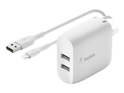 Belkin Väggladdare med 2x USB uttag + Lightning kabel 1m i gruppen SMARTTELEFON & NETTBRETT / Ladere og Kabler / Vegglader / Vegglader USB hos TP E-commerce Nordic AB (C18861)