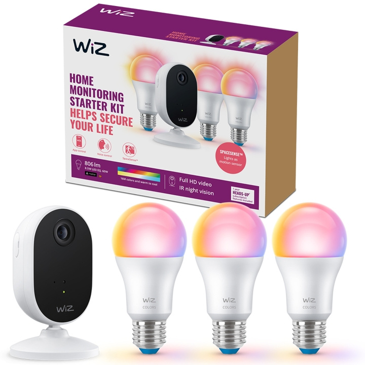 WiZ Startsett med overvåkings- og belysningskamera + 3x Smart LED E27 Colour i gruppen HJEM, HUS OG HAGE / Alarm, Sikkerhet og overvåking / Overvåkingskameraer / Digitalt (nettverk) / Innendørs kameraer hos TP E-commerce Nordic AB (C25621)