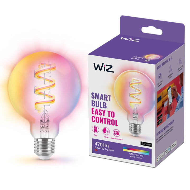 WiZ WiFi Smart LED E27 G95 40W Filament Farge + Varm-kald hvit 470lm i gruppen Elektronikk / Lys / LED-lys hos TP E-commerce Nordic AB (C25623)