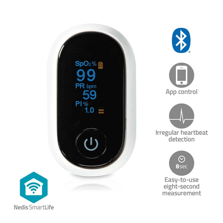 Nedis SmartLife Pulsoksymeter | Bluetooth | OLED-Skjerm | Anti-bevegelse interferens / Auditiv alarm / Oksygenmetning (SpO2) / Perfusjonsindeks / Puls / Sensor med høy presisjon | Hvit i gruppen HELSE OG SKJØNNHET / Helsepleie / Pulsoximetere hos TP E-commerce Nordic AB (C25693)