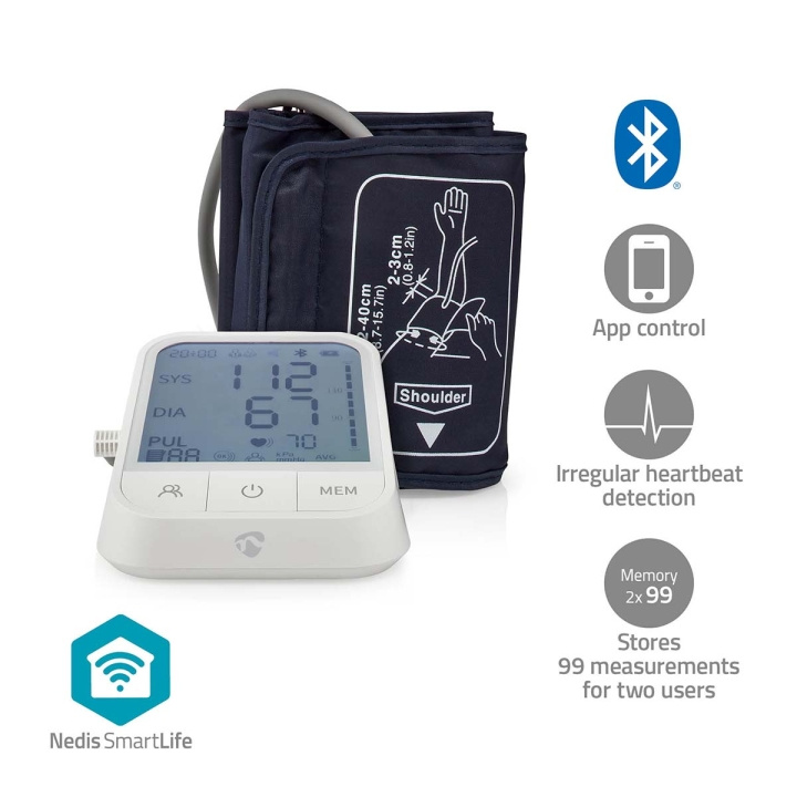 Nedis Smartlife Blodtrykksmåler | Væpne | Bluetooth® | LCD-Skjerm | 22 - 42 cm | Deteksjon av uregelmessig hjerteslag / Deteksjon for mansjettbruk / Hold fortsatt indikasjon | Hvit i gruppen HELSE OG SKJØNNHET / Helsepleie / Blodtrykksmålere hos TP E-commerce Nordic AB (C25695)
