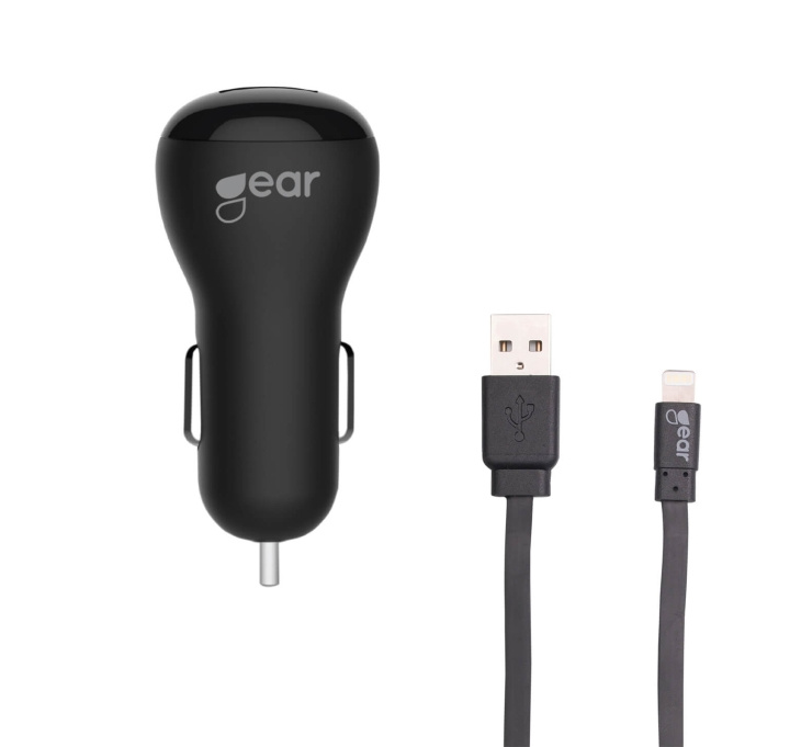 Gear Laddare 12-24V 2xUSB 2,4A Svart Lightning Kabel platt 1m MFI i gruppen Datautstyr / Bærbare datamaskiner og tilbehør / Lader / Billader hos TP E-commerce Nordic AB (C28601)
