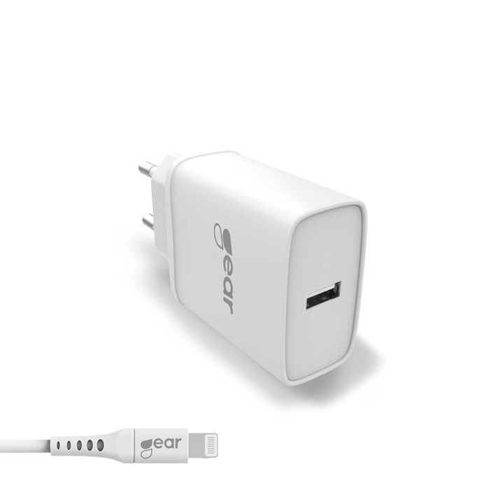 GEAR Lader 220V 1xUSB 2,4A HvitLightning Kabel 1m MFI C89 i gruppen SMARTTELEFON & NETTBRETT / Ladere og Kabler / Vegglader / Vegglader USB hos TP E-commerce Nordic AB (C28616)