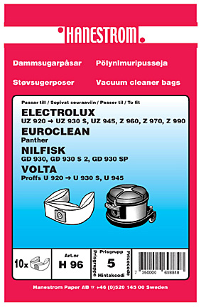 hanestroem Dammsugarpåsar Hanestrom Electrolux UZ 930 S 10-P i gruppen HJEM, HUS OG HAGE / Rengjøringsprodukter / Støvsugere og tilbehør / Tilbehør / Støvsugerposer hos TP E-commerce Nordic AB (C33200)