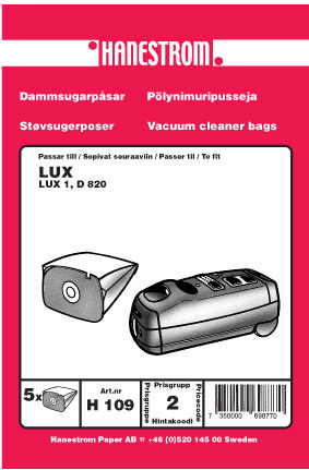 hanestroem Dammsugarpåsar Hanestrom LUX 1. D 820 i gruppen HJEM, HUS OG HAGE / Rengjøringsprodukter / Støvsugere og tilbehør / Tilbehør / Støvsugerposer hos TP E-commerce Nordic AB (C33204)