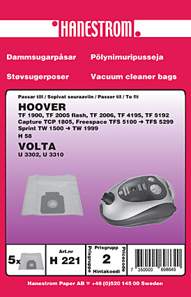 hanestroem Støvsugerposer Hanestrom Hoover TW 1650 Sprint i gruppen HJEM, HUS OG HAGE / Rengjøringsprodukter / Støvsugere og tilbehør / Tilbehør / Støvsugerposer hos TP E-commerce Nordic AB (C33205)