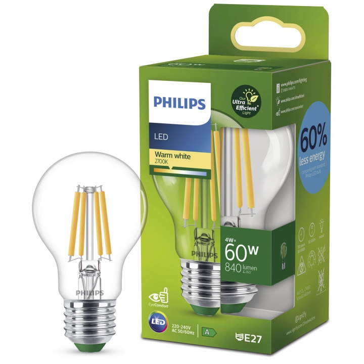 Philips LED E27 Normal 4W (60W) Klar 840lm 2700K Energiklass A i gruppen Elektronikk / Lys / LED-lys hos TP E-commerce Nordic AB (C33744)