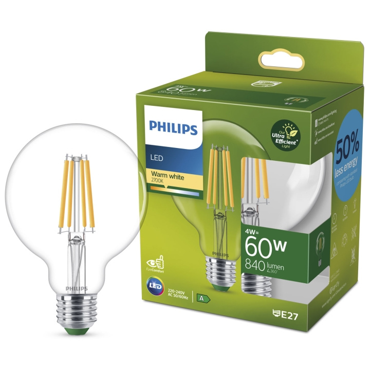 Philips LED E27 G95 Glob 4W (60W) Klar 840lm 2700K Energiklass A i gruppen Elektronikk / Lys / LED-lys hos TP E-commerce Nordic AB (C33745)