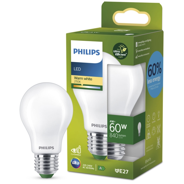 Philips LED E27 Normal 4W (60W) Frosted 840lm 2700K Energiklasse A i gruppen Elektronikk / Lys / LED-lys hos TP E-commerce Nordic AB (C33747)