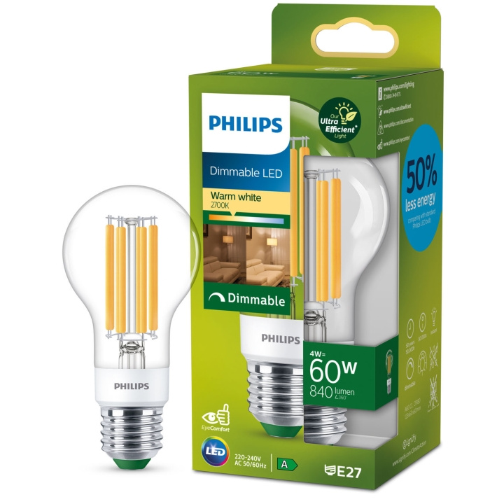 Philips LED E27 Normal 4W (60W) Klar Dimbar 840lm 2700K Energiklasse A i gruppen Elektronikk / Lys / LED-lys hos TP E-commerce Nordic AB (C33750)