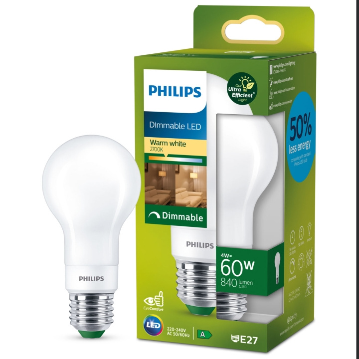 Philips LED E27 Normal 4W (60W) Frost Dimbar 840lm 2700K Energiklasse A i gruppen Elektronikk / Lys / LED-lys hos TP E-commerce Nordic AB (C33751)
