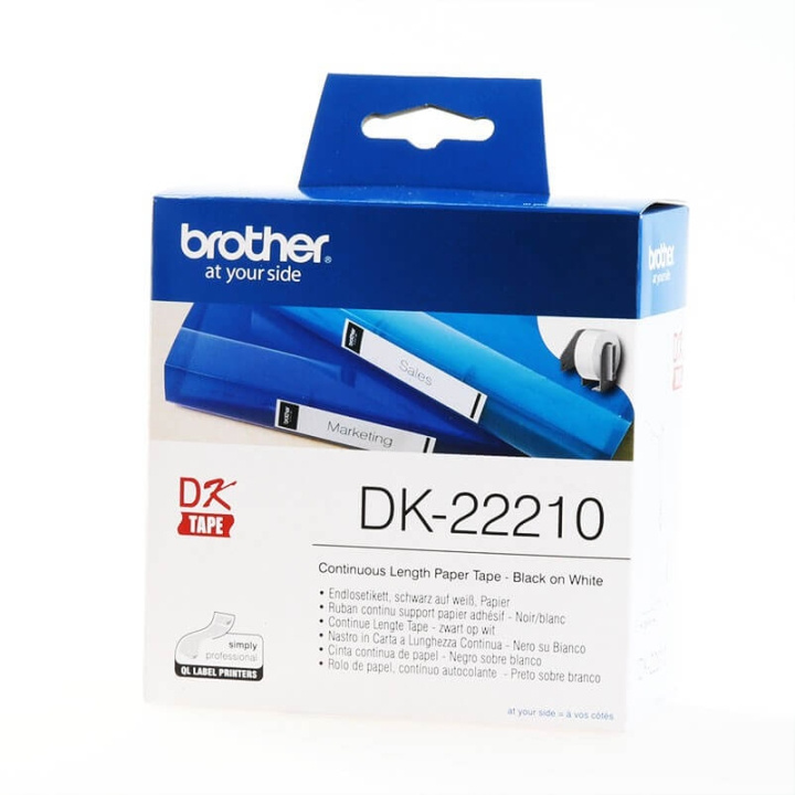 Brother Tape DK22210 29mm Svart på Vit i gruppen Datautstyr / Skrivere og tilbehør / Skrivere / Merkemaskiner og tilbehør / Etiketter hos TP E-commerce Nordic AB (C34694)