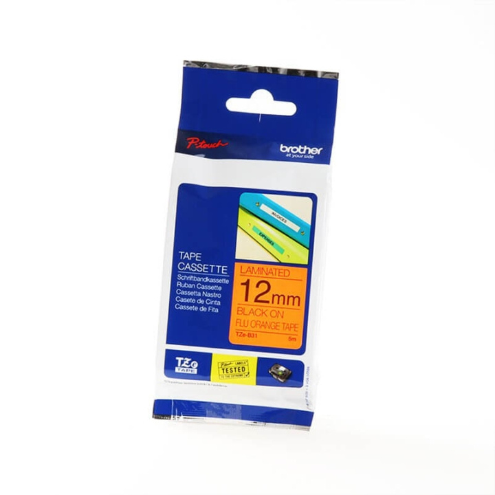 Brother Teip TZE-B31 12mm Svart på Fluorescerande Orange i gruppen Datautstyr / Skrivere og tilbehør / Skrivere / Merkemaskiner og tilbehør / Tape hos TP E-commerce Nordic AB (C34759)