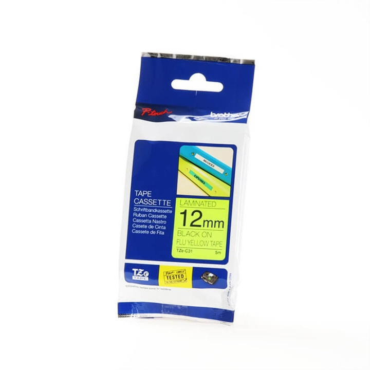 Brother Teip TZE-C31 12mm Svart på Fluorescerande Gul i gruppen Datautstyr / Skrivere og tilbehør / Skrivere / Merkemaskiner og tilbehør / Tape hos TP E-commerce Nordic AB (C34761)