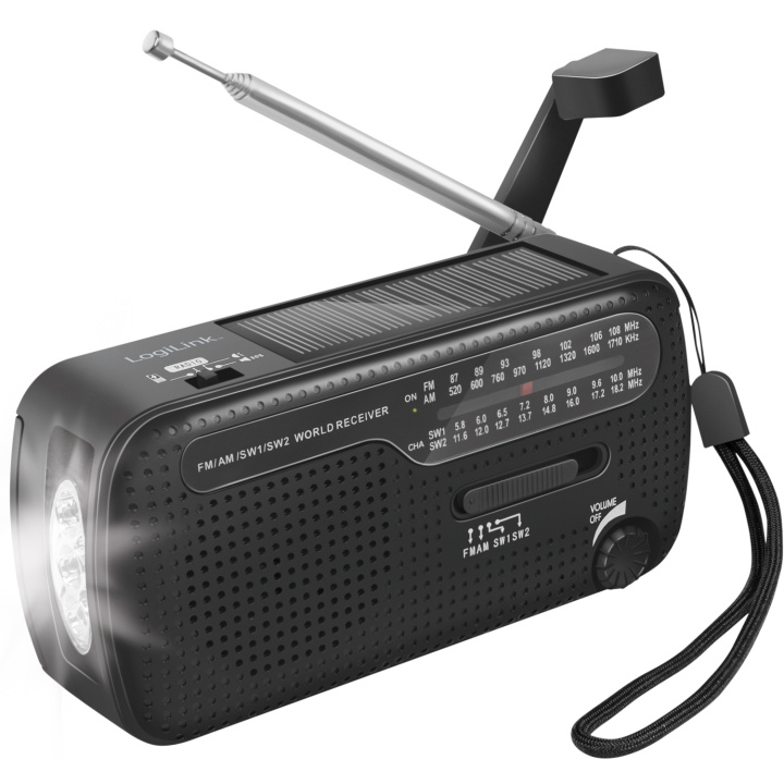 LogiLink Vevradio med ficklampa och solcell Svart i gruppen Elektronikk / Lyd & Bilde / Hjemmekino, HiFi og bærbar / Radio & Vekkerklokker / Radio hos TP E-commerce Nordic AB (C37677)