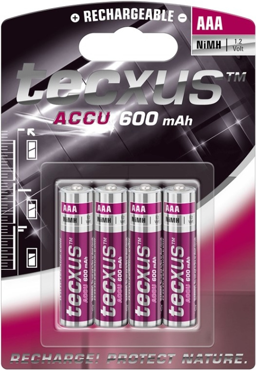 tecxus AAA (Micro)/HR03 oppladbart batteri - 600 mAh, 4 stk. blisterpakning Nikkel-metallhydrid (NiMH)-batteri, 1,2 V i gruppen Elektronikk / Batterier & Ladere / Oppladbare batterier / AAA hos TP E-commerce Nordic AB (C38790)