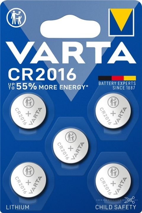 Varta CR2016 (6016) batteri, 5 stk. i blisterpakning, litiumknappcelle, 3 V i gruppen Elektronikk / Batterier & Ladere / Batterier / knappcelle hos TP E-commerce Nordic AB (C38911)