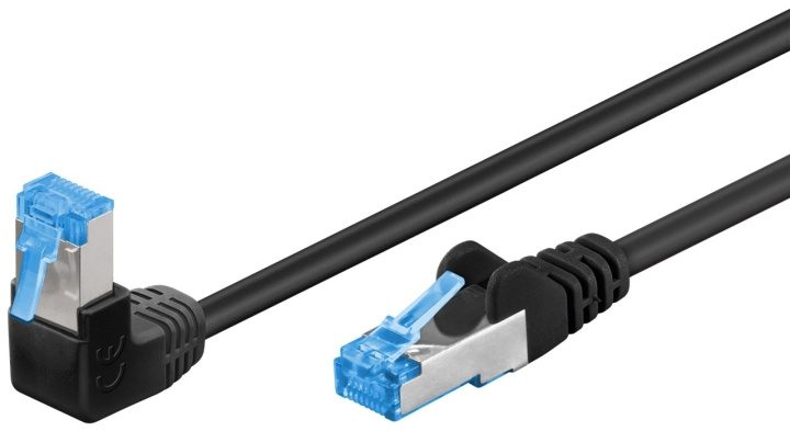 Goobay Patchkabel CAT 6A, 1x 90° vinklad, S/FTP (PiMF), svart, 0,25 m kopparledare (CU), halogenfri kabelhölje (LSZH), snäpplås på toppen i gruppen Datautstyr / Kabler og adaptere / Nettverk / Cat6 hos TP E-commerce Nordic AB (C39036)