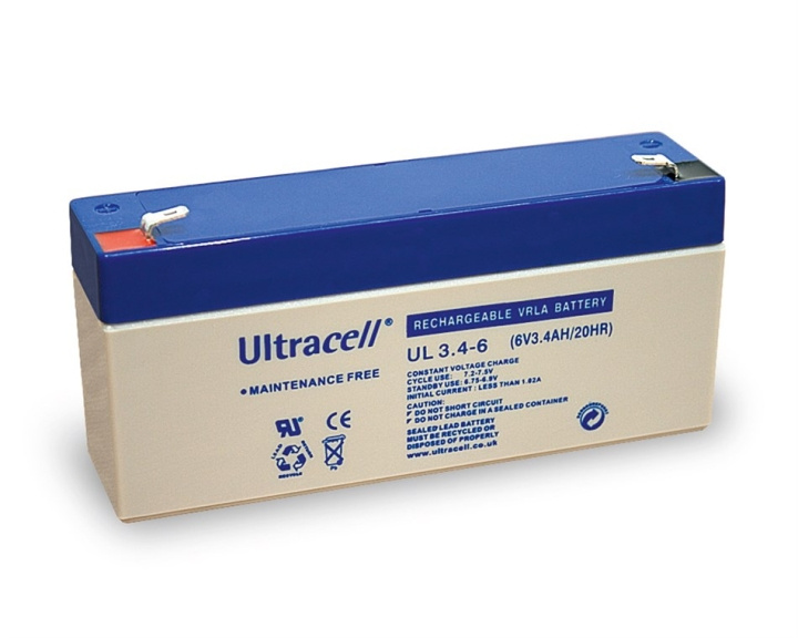 Ultracell Blybatteri 6 V, 3,4 Ah (UL3.4-6) Faston (4,8 mm) Blybatteri i gruppen Elektronikk / Batterier & Ladere / Oppladbare batterier / Blybatterier hos TP E-commerce Nordic AB (C39421)