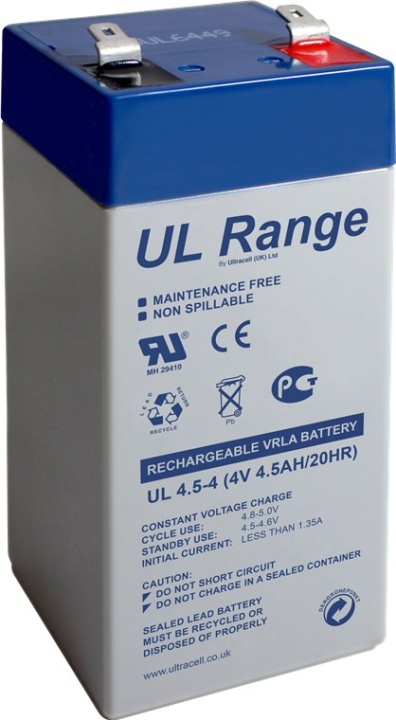 Ultracell Blybatteri 4 V, 4,5 Ah (UL4.5-4) Faston (4,8 mm) Blybatteri i gruppen Elektronikk / Batterier & Ladere / Oppladbare batterier / Blybatterier hos TP E-commerce Nordic AB (C39427)