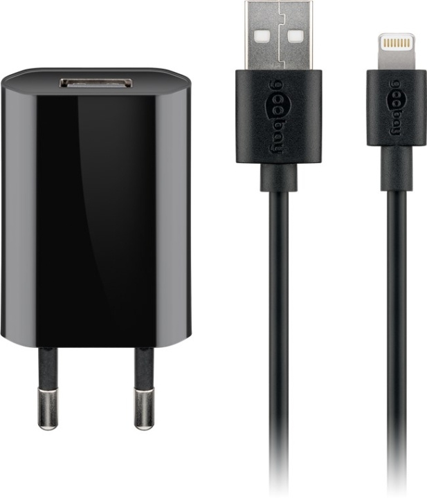 Goobay Apple Lightning laddningssats (5 W) Strömförsörjning med Apple Lightning-kabel 1 m (svart) i gruppen SMARTTELEFON & NETTBRETT / Ladere og Kabler / Vegglader / Vegglader Lightning hos TP E-commerce Nordic AB (C43979)