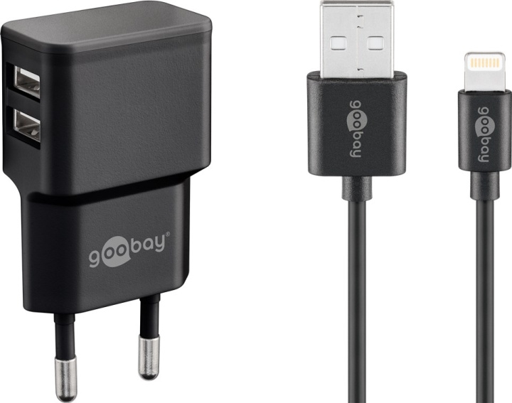 Goobay Apple Lightning Dual Charging Kit (12W) Strømforsyningsenhet med 2x USB-kontakter og Apple Lightning-kabel 1 m (svart) i gruppen SMARTTELEFON & NETTBRETT / Ladere og Kabler / Vegglader / Vegglader Lightning hos TP E-commerce Nordic AB (C43980)