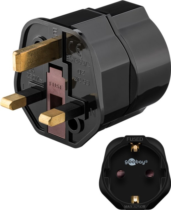 Goobay Nettadapter UK, svart stikkontakt med jording (type F, CEE 7/3) > UK 3-polet støpsel (type G, BS 8546) i gruppen HJEM, HUS OG HAGE / El og belysning / Reiseadaptere hos TP E-commerce Nordic AB (C43989)
