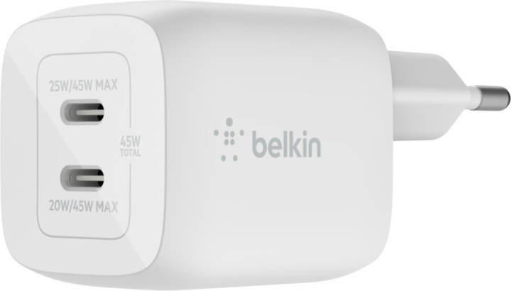 Belkin Boost Charge Pro Dual Port USB-C GaN 45 W PD 3.0 -verkkovirtalaturi, valkoinen i gruppen SMARTTELEFON & NETTBRETT / Ladere og Kabler / Vegglader / Vegglader Type C hos TP E-commerce Nordic AB (C44534)