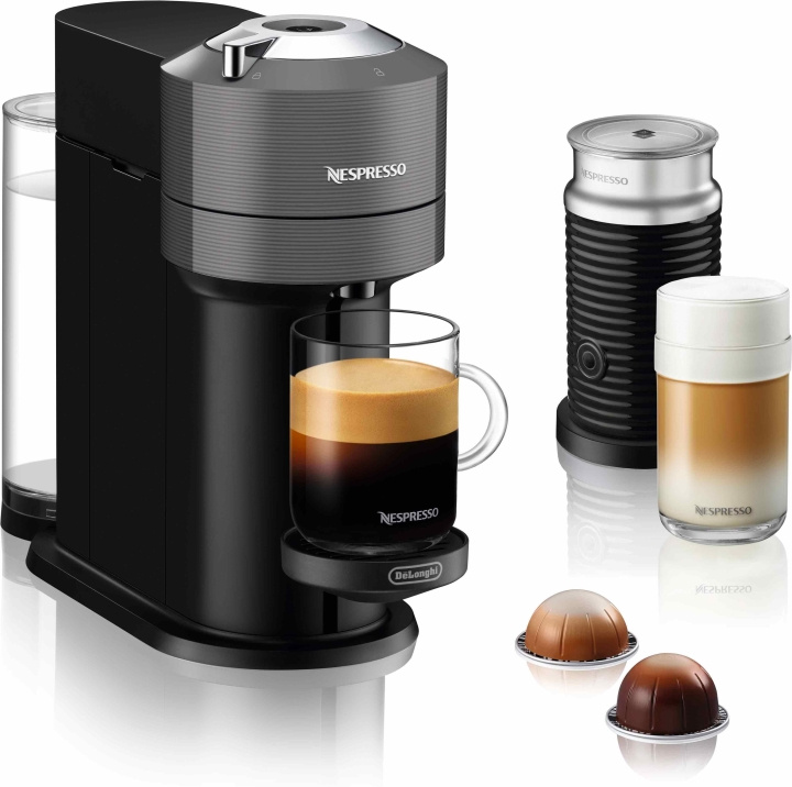 Nespresso Vertuo Next Aeroccino kapselmaskin i en pakke, grå i gruppen HJEM, HUS OG HAGE / Husholdningsapparater / Kaffe og espresso / Kaffetraktere hos TP E-commerce Nordic AB (C44559)