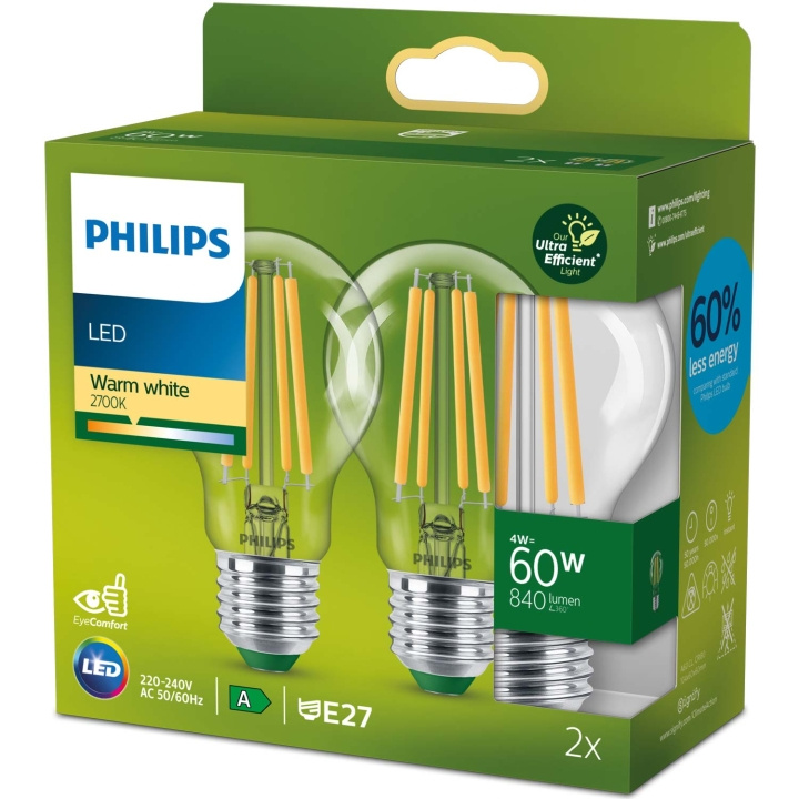 Philips 2-pack LED E27 Normal 4W (60W) Klar 840lm 2700K Energiklass A i gruppen Elektronikk / Lys / LED-lys hos TP E-commerce Nordic AB (C51452)