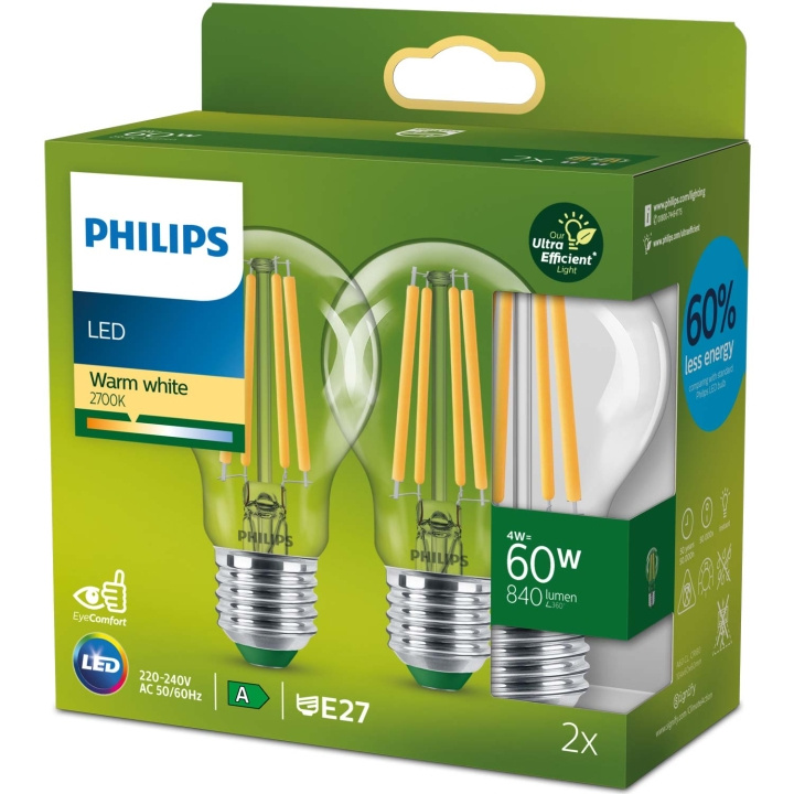 Philips 2-pakning LED E27 Normal 4W (60W) Klar 840lm 2700K Energiklasse A i gruppen Elektronikk / Lys / LED-lys hos TP E-commerce Nordic AB (C51452)