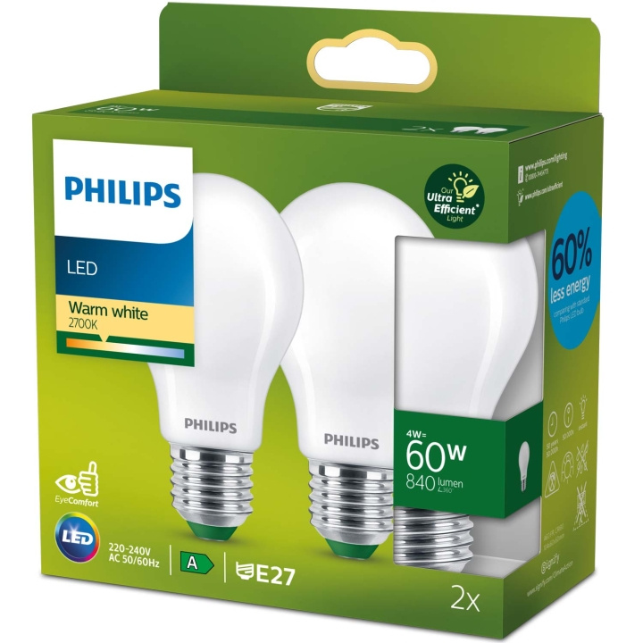 Philips 2-pack LED E27 Normal 4W (60W) Frostad 840lm 2700K Energiklass A i gruppen Elektronikk / Lys / LED-lys hos TP E-commerce Nordic AB (C51453)