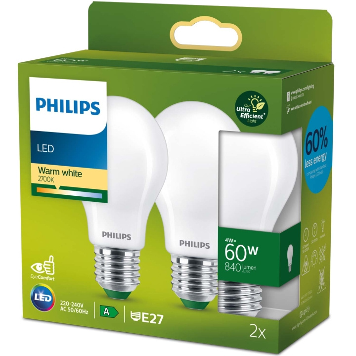 Philips 2-pakning LED E27 Normal 4W (60W) Frosted 840lm 2700K Energiklasse A i gruppen Elektronikk / Lys / LED-lys hos TP E-commerce Nordic AB (C51453)