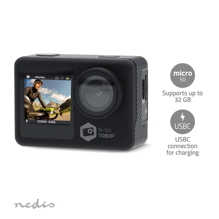 Nedis handling Cam | Dobbel Skjerm | 1080p@30fps | 12 MPixel | Vanntett opptil: 30.0 m | 70 min | Wi-Fi | App tilgjengelig for: Android™ / IOS | Montering inkludert | Sort i gruppen SPORT, FRITID & HOBBY / Action kameraer og tilbehør / Action kameraer hos TP E-commerce Nordic AB (C57029)