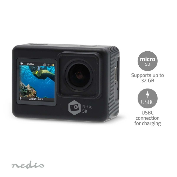 Nedis handling Cam | Dobbel Skjerm | 5K@30fps | 16 MPixel | Vanntett opptil: 30.0 m | 80 min | Wi-Fi | App tilgjengelig for: Android™ / IOS | Montering inkludert | Sort i gruppen SPORT, FRITID & HOBBY / Action kameraer og tilbehør / Action kameraer hos TP E-commerce Nordic AB (C57030)