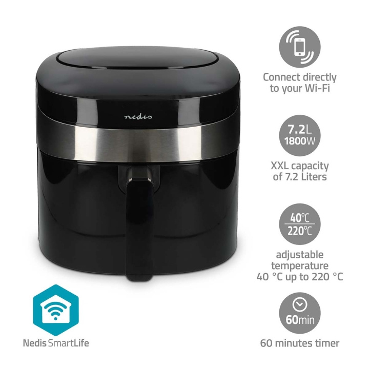 Nedis SmartLife Hot Air Fryer | Wi-Fi | 7,2 l | Timer: 240 min | Antall forhåndinnstilte programmer: 8 | Digitalt | Android™ / IOS | Sort i gruppen HJEM, HUS OG HAGE / Husholdningsapparater / Airfryers og frityrkokere hos TP E-commerce Nordic AB (C57038)