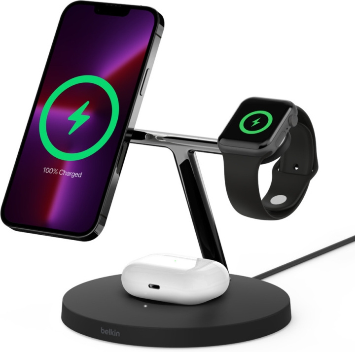 Belkin BoostCharge Pro 3-i-1 trådlös laddningsstation med MagSafe, svart i gruppen SMARTTELEFON & NETTBRETT / Ladere og Kabler / Trådløs lader QI hos TP E-commerce Nordic AB (C57795)