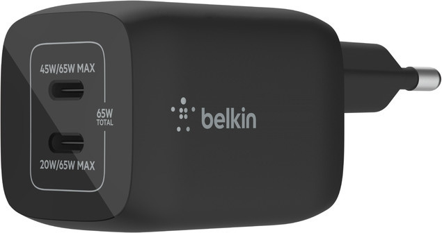 Belkin Boost Charge Pro Dual Port USB-C GaN 65 W PD 3.0 AC-laddare, svart i gruppen SMARTTELEFON & NETTBRETT / Ladere og Kabler / Vegglader / Vegglader Type C hos TP E-commerce Nordic AB (C57829)