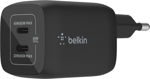 Belkin Boost Charge Pro Dual Port USB-C GaN 65 W PD 3.0 AC-lader, svart i gruppen SMARTTELEFON & NETTBRETT / Ladere og Kabler / Vegglader / Vegglader Type C hos TP E-commerce Nordic AB (C57829)