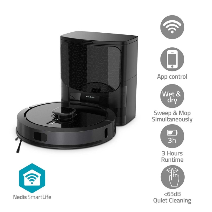 Nedis SmartLife Robot Støvsuger | Lasernavigasjon | Wi-Fi | Kapasitet Collection Reservoir: 0.6 l | Automatsik lading | Maksimal driftstid: 3 timer | Sort | Android™ / IOS i gruppen HJEM, HUS OG HAGE / Rengjøringsprodukter / Støvsugere og tilbehør / Robotstøvsugere hos TP E-commerce Nordic AB (C57898)